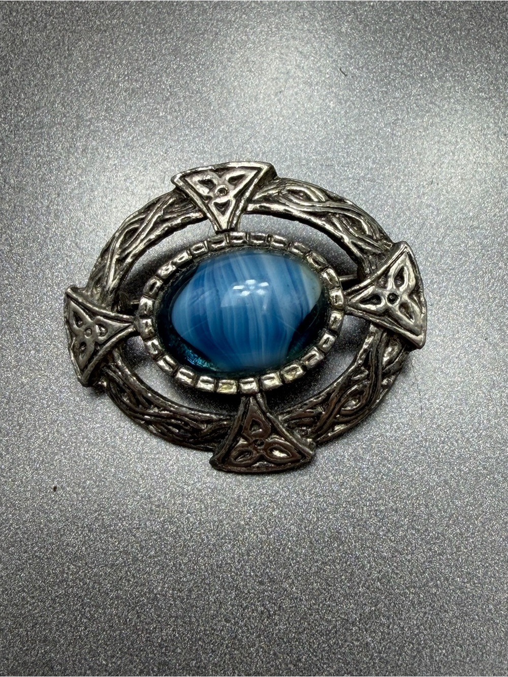 Vintage Blue Glass Cabochon Celtic-Style Brooch #cz431